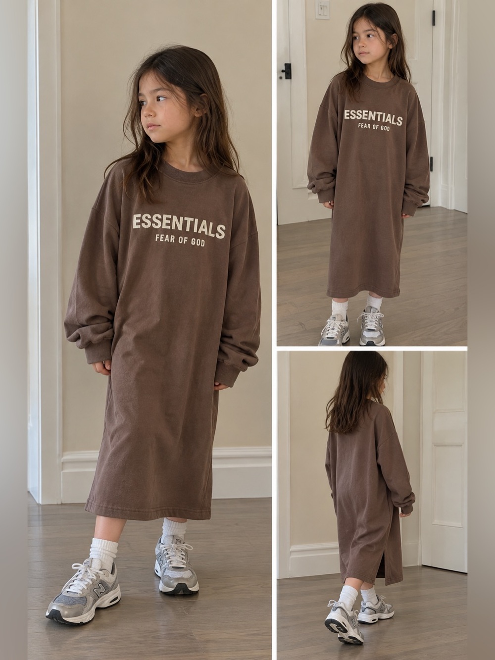 ESSENTIALS FEAR OF GOD BROWN SWEAT DRESS LONG SLEEVE SIZE 8 KID OVERSIZE